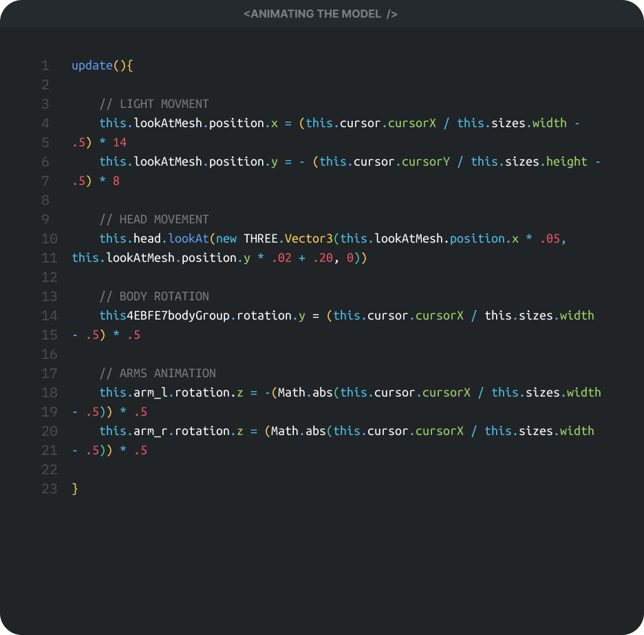 A code snippet showing how I animated the robot model using the cursor position as the base value