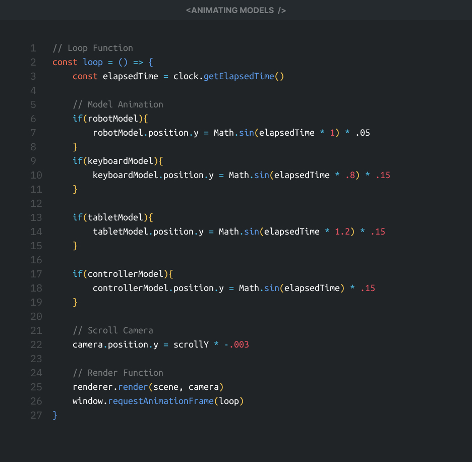 A code snippet showing the code of updating the position of the models, which animate them using sin functions and time
