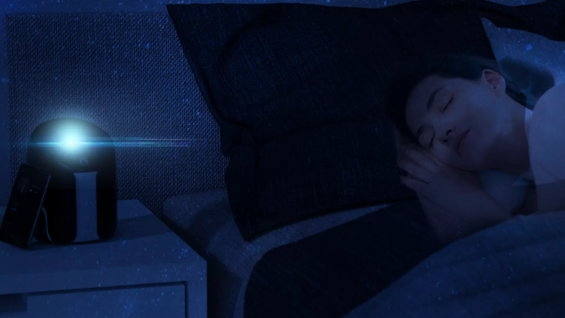 A demostration image showing a person sleeping next to the projector, while it's controlling the environmental lighting and mood