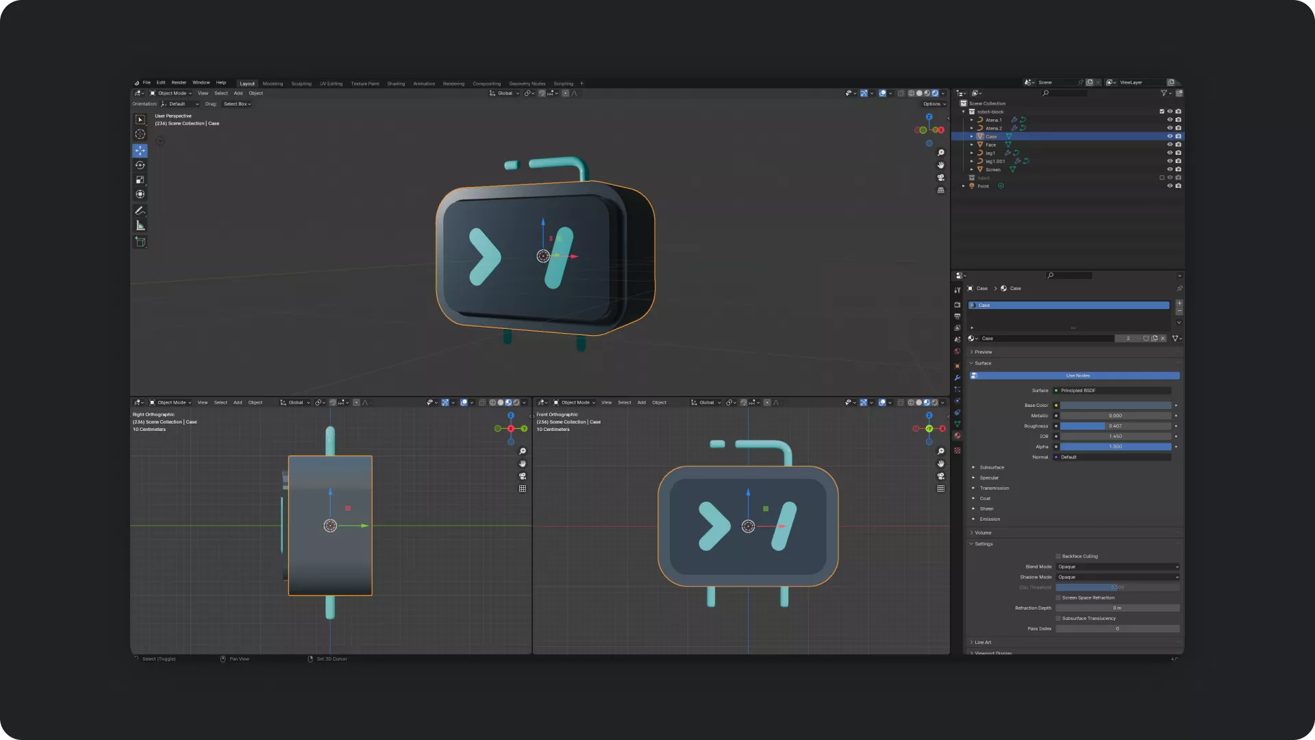 A screenshot from Blender showing the modeling process of the robot head