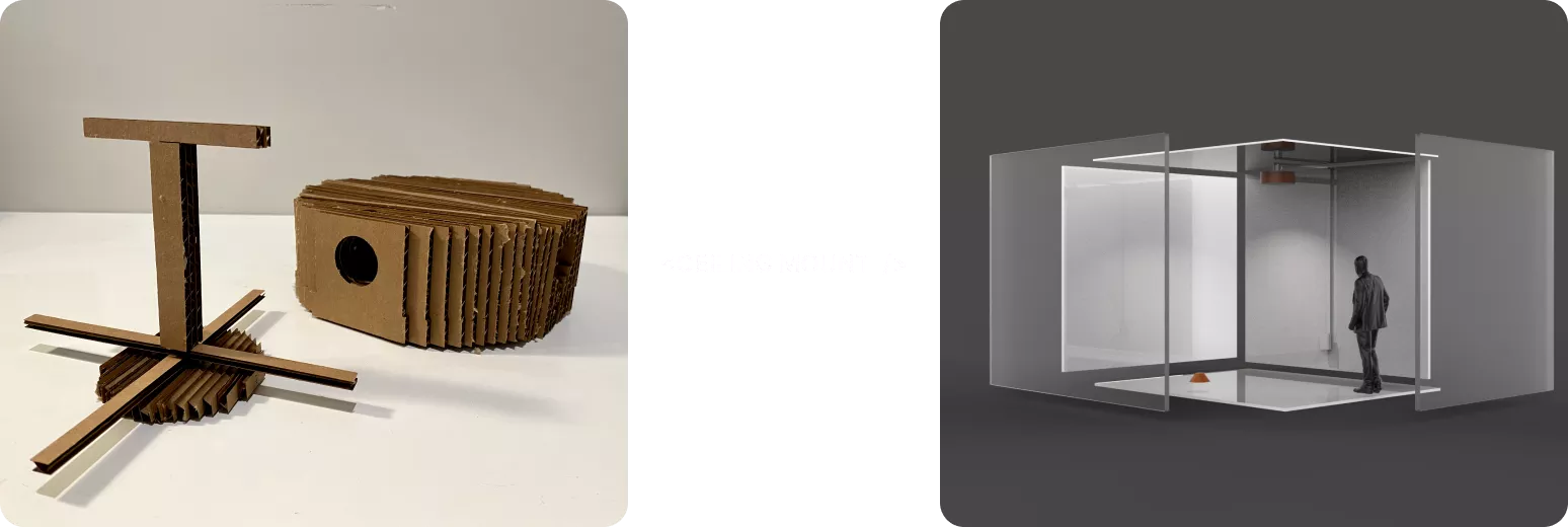 A side-by-side image showing the paper prototype and digital mock up for the ceiling mounting method