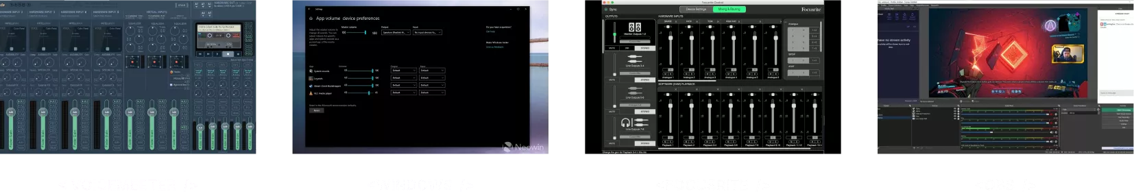 A screenshot collage of the different competitor's interface, which includes Voicemeeter, Windows default, Focusrite, and OBS