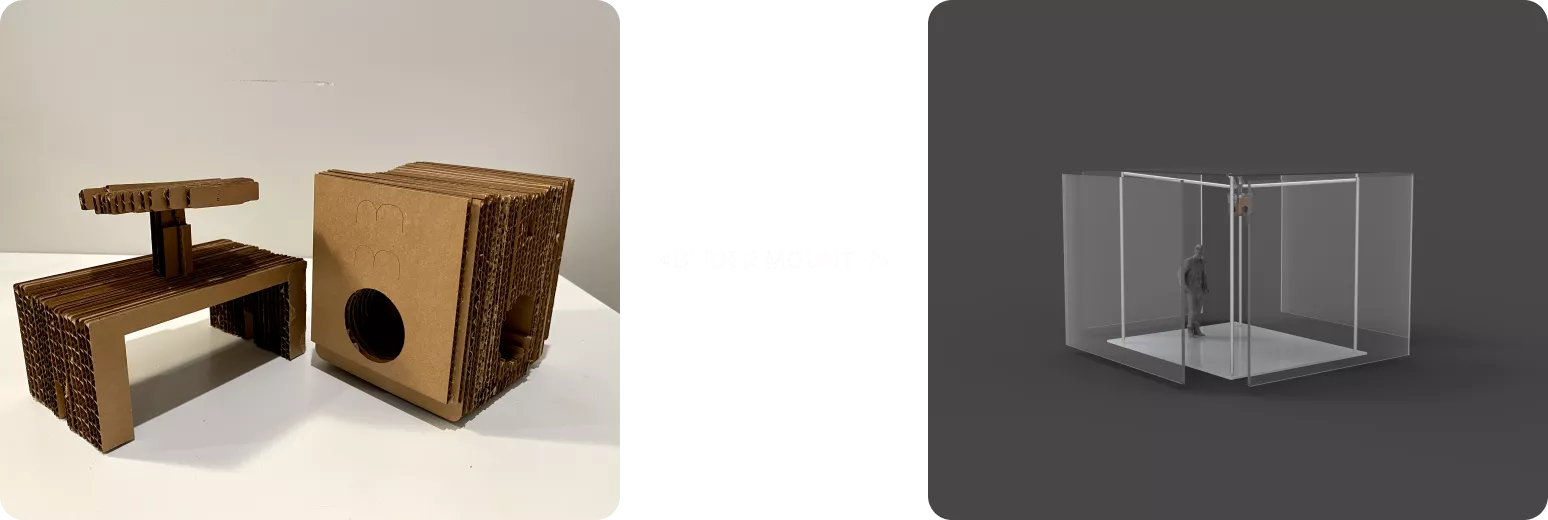 A side-by-side image showing the paper prototype and digital mock up for the ceiling glider method