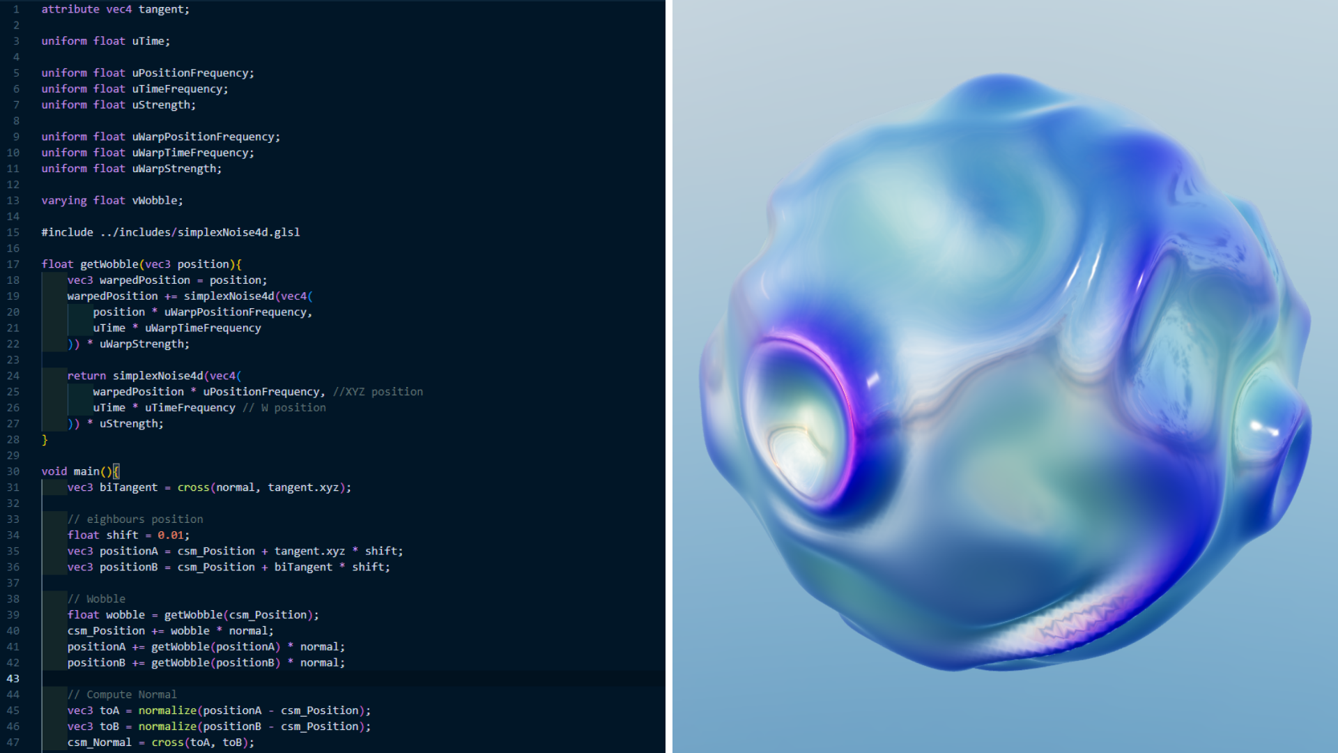 GLSL code and the results of the rendered wobbly model