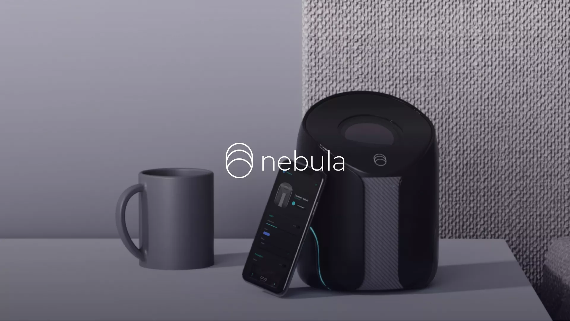 A hero shot of the projector and the final app interface side-by-side
