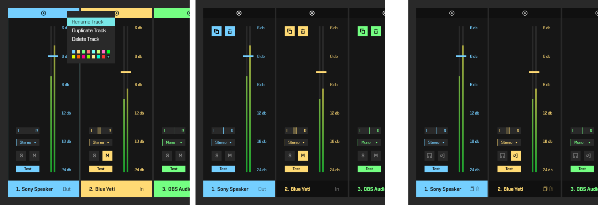 A image showing the different iterations and result of user testing for the button arrangement of the organization feature for tracks