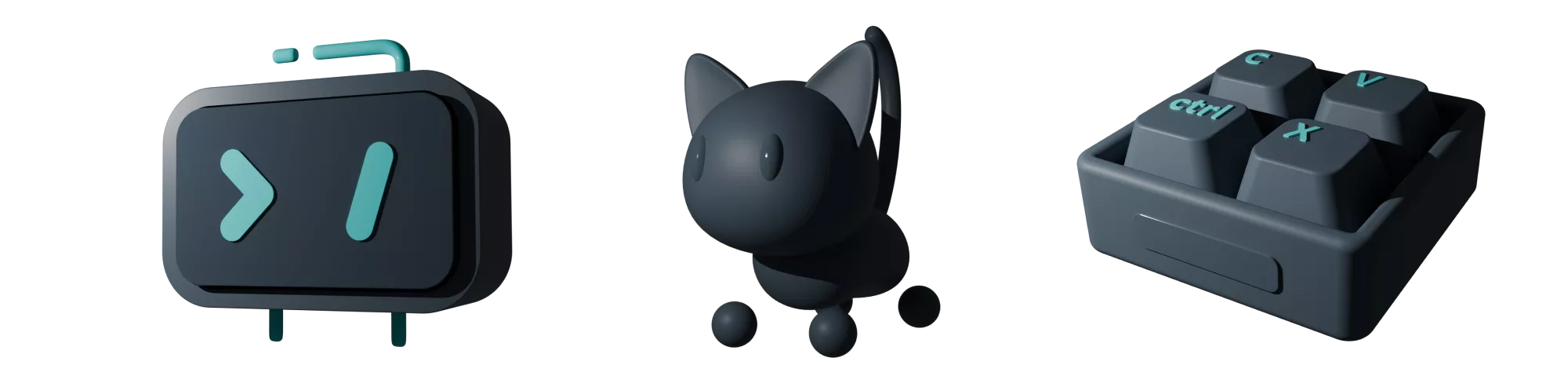 A collage of models used for this website, which include the hero robot head, a cat, and a simplified keyboard
