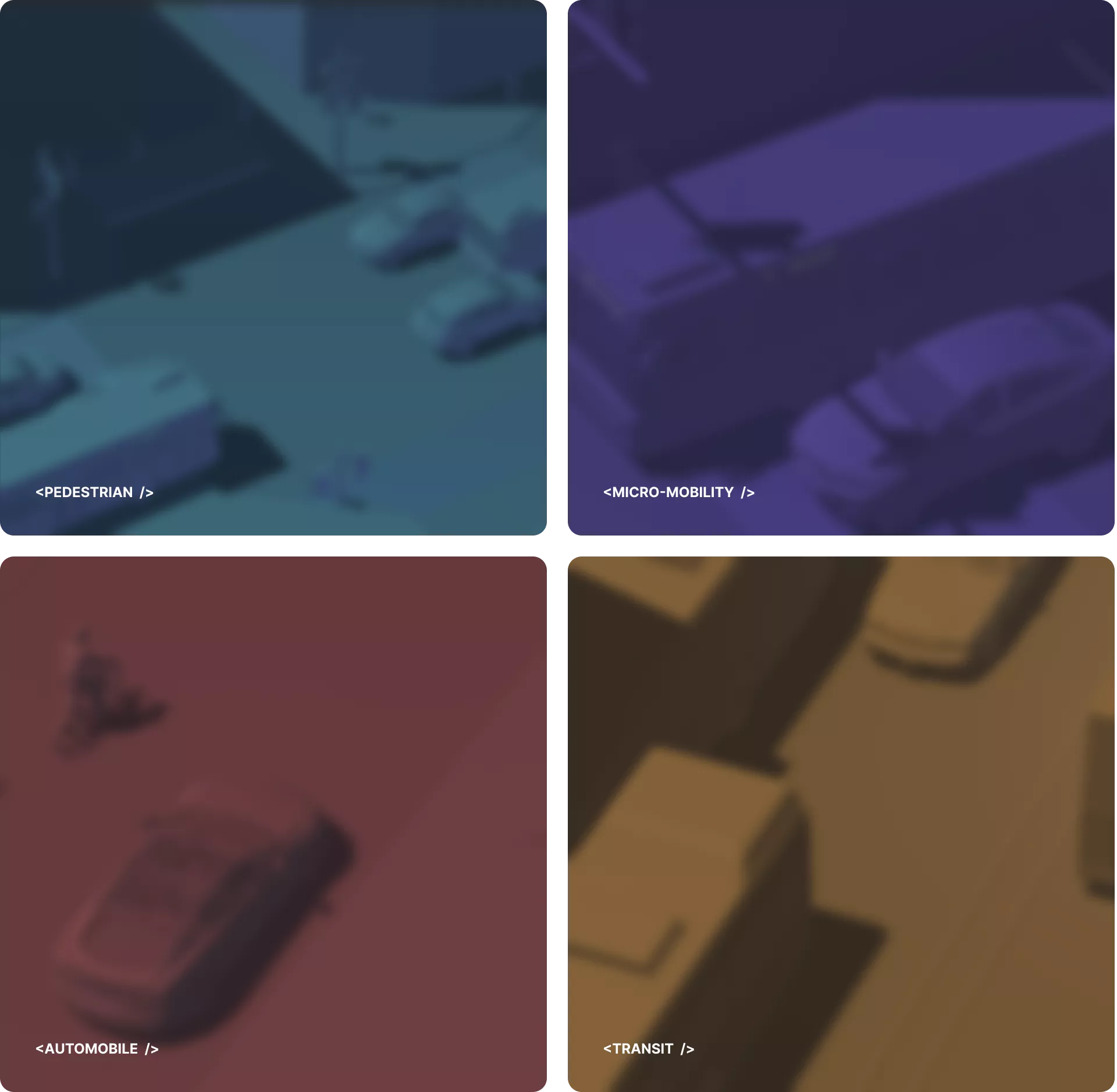 A four quadrum image showing the different mode of transportation that we've tried to recreate in the experience