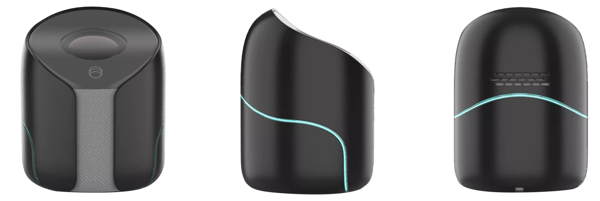 A three way render of the front, side, and back of the projector