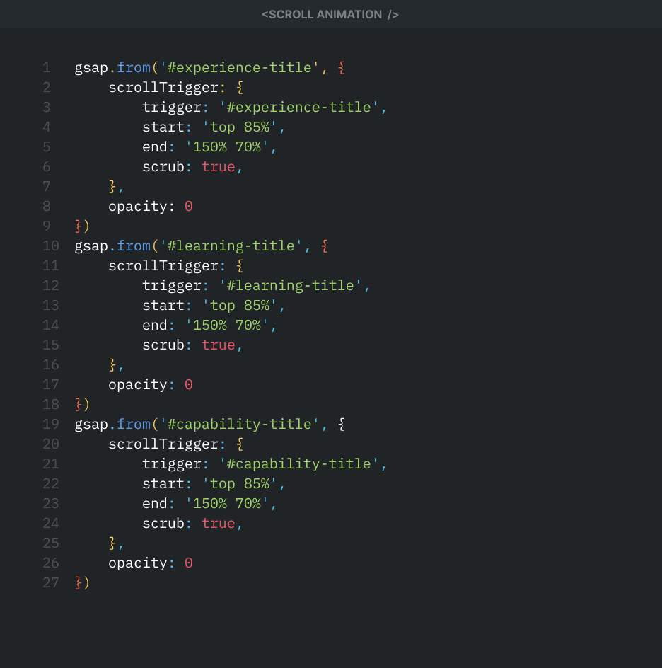 A code snippet showing the GSAP animation code for scroll triggers