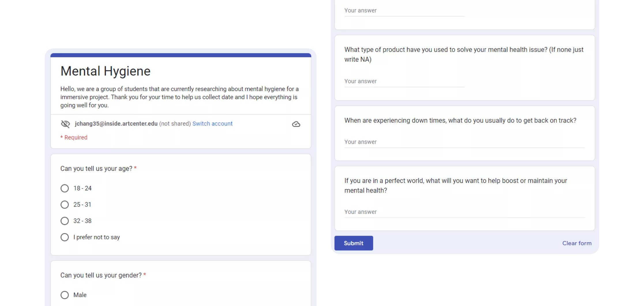 A glance at the questions for the created survey for user research
