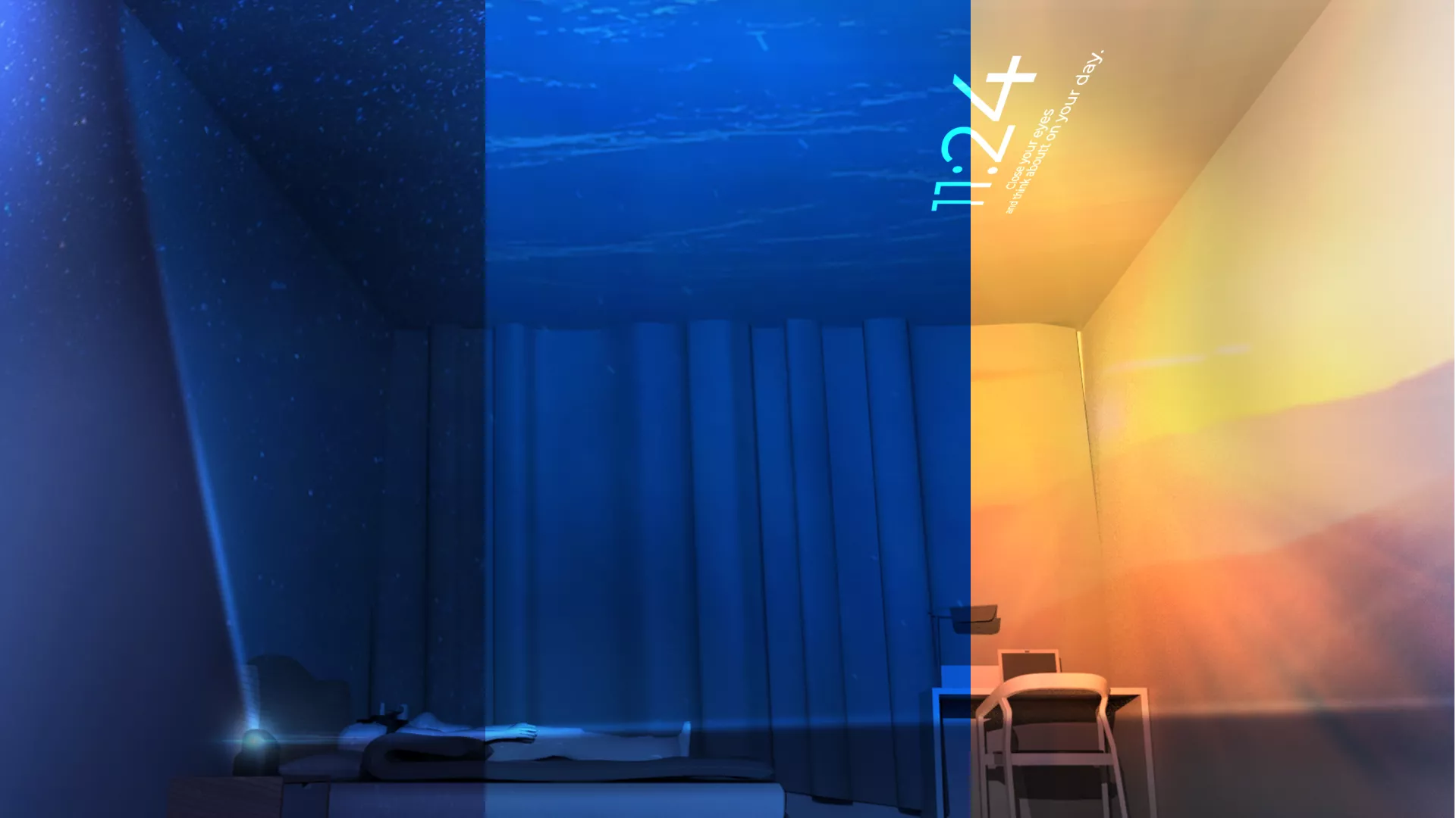 A room render showing the different types of lighting and mood that the project and app can create