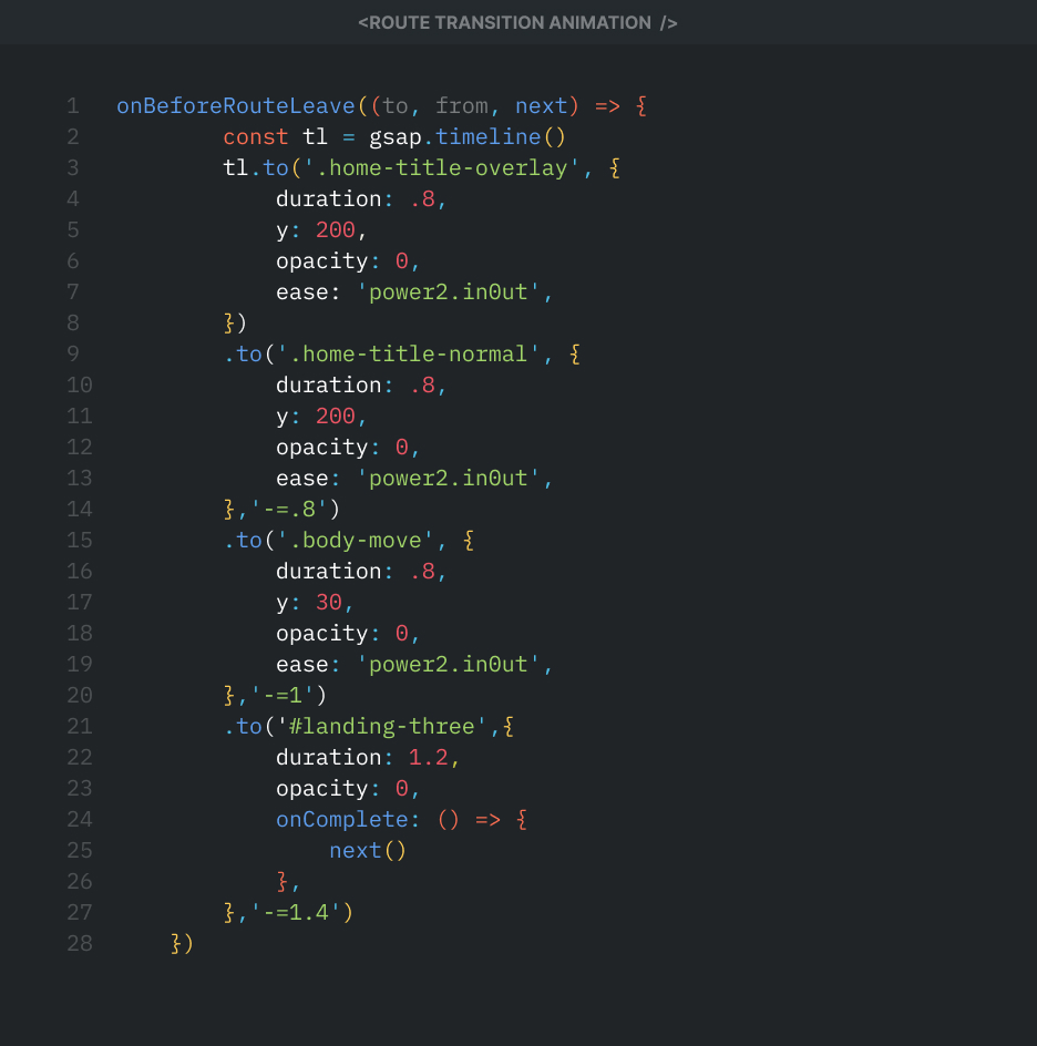 A code snippet showing the GSAP animation code for page transitions