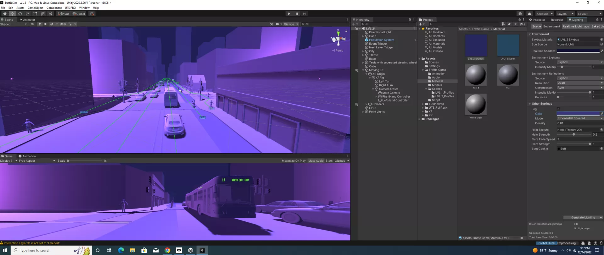 A screenshot of the Unity environment when setting up the scene and lighting