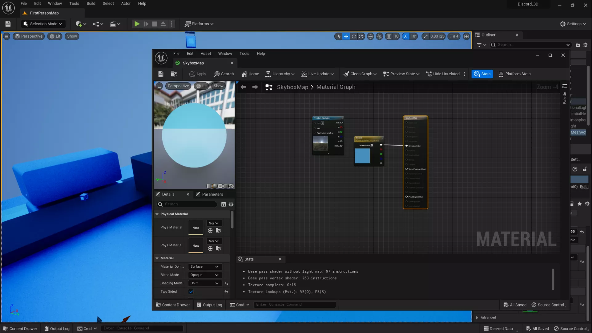 Setting the scene lighting using the Unreal Engine's material editor again to create the sky dome