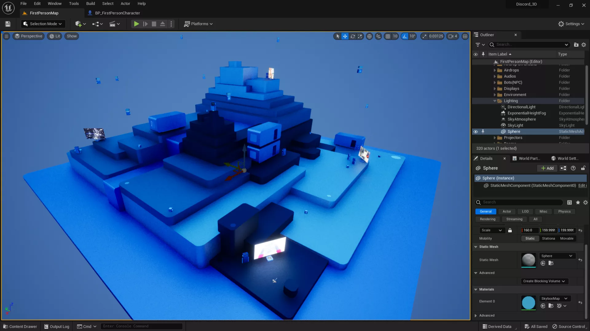 The Unreal Engine project interface for setting up the entire scene